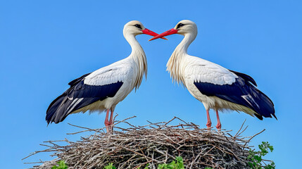 Two Storks in Nest against Clear Blue Sky on Spring Day