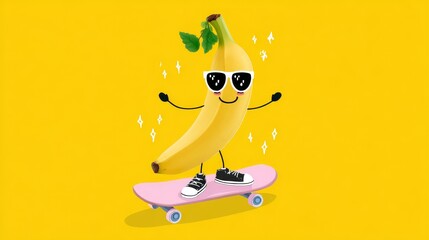 Cool banana on pink skateboard with sunglasses and sneakers on yellow background