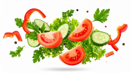 Sliced ripe juicy red tomato, cucumbers, lettuce, parsley leaves and peppers flying 