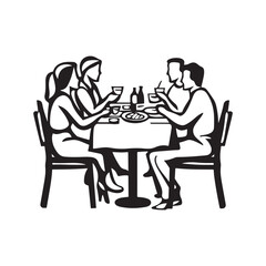 Vector illustration of cartoon characters eating together at the dining table. A cheerful and warm scene showing people enjoying a meal, perfect for themes of family, friendship, and togetherness
