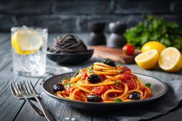 A plate of spaghetti with a rich tomato sauce, Kalamata olives, and fresh herbs sits on a dark wood table, accompanied by a glass of water, lemon wedges, and a bowl of uncooked black spaghetti