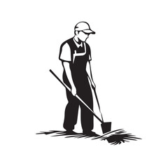 Vector illustration of a person cleaning a garden in silhouette style. Depicts gardening activity such as sweeping leaves, picking up trash, or using tools
