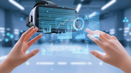 Individual using virtual reality headset to interact with data visualizations in a modern tech environment - Powered by Adobe