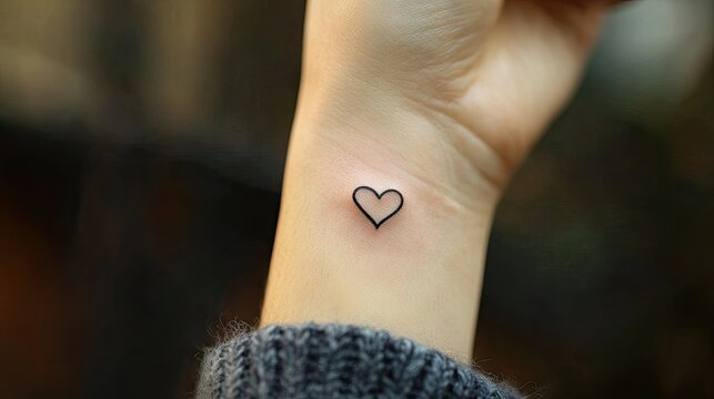 A close-up of a minimalist tattoo of a tiny heart on the inner wrist, captured in soft natural light