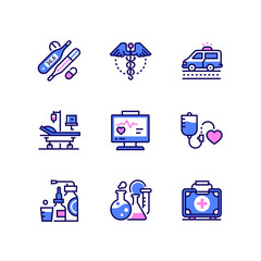 Healthcare and medicine - line art style icons set