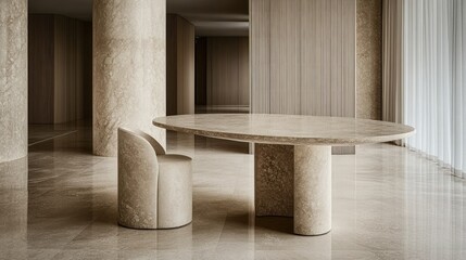 Elegant Oval Stone Table and Chair in Modern Interior