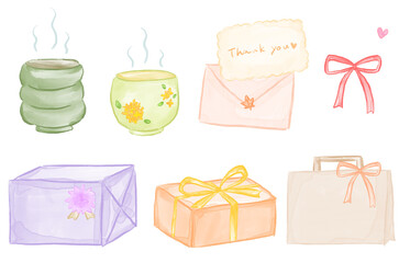 A watercolor illustration set depicting gifts and gratitude for Respect for the Aged Day / 敬老の日の贈り物と感謝の気持ちを描いた水彩イラストセット