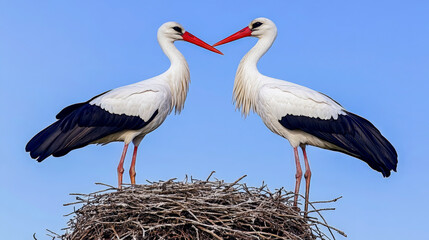 Fototapeta premium Two Storks in Nest against Clear Blue Sky on Spring Day