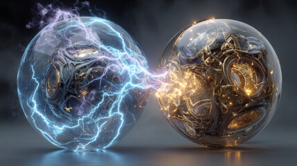 Lightning ball, electric strike impact. Vector realistic set of sparking electrical discharge, blue and yellow flashes of energy burst. Thunderstorm lightning sphere isolated on transparent background