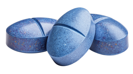 Flat lay of three light blue pharmaceutical capsules on a white transparent background – editable PNG mockup for supplement branding, drug ads, or medical packaging design