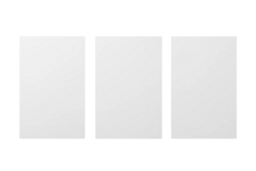 Three blank white cards isolated on transparent background