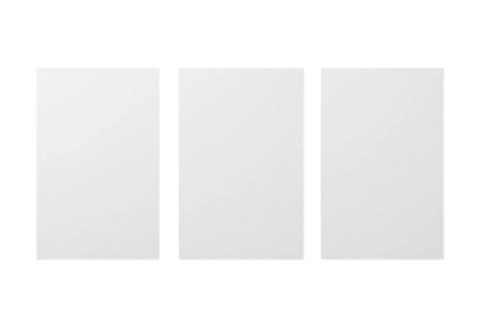 Three blank white cards isolated on transparent background