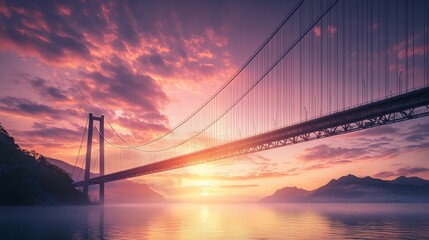 Obraz premium A bridge spanning over water with mountains and a pink and purple sunset sky in the background