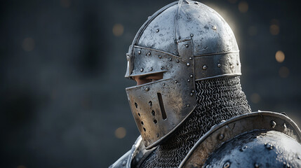 Naklejka premium Les Médiévales de Provins, Medieval Knight in Armor Close Up Profile Portrait Steel Helmet Chainmail