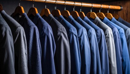 Blue Suits Hanging in Closet.