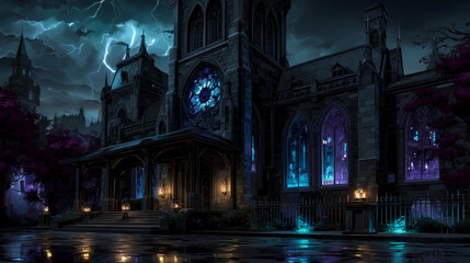 Fototapeta premium Cartoon church building in rainy night atmosphere with towers and fence. Medieval cathedral surrounded by green trees under stormy sky. Landscape with gothic architecture and moody precipitation.