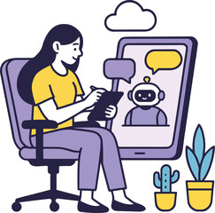 Chatbot Vector Illustration: Woman Interacting with AI on Phone, Isolated on White