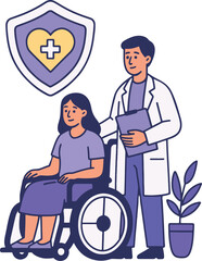 Healthcare Team: Doctor with Patient in Wheelchair Vector Illustration.
