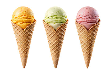 Ice cream cone with three scoops isolated on transparent background