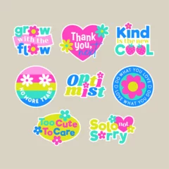 Set of positive thinking concept stickers design. Encourage quotes lettering for girls with cute elements.