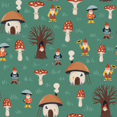 Seamless pattern with different mushroom and christmast element