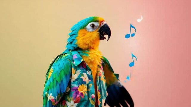 Colorful parrot wearing a floral shirt, singing with musical notes floating around