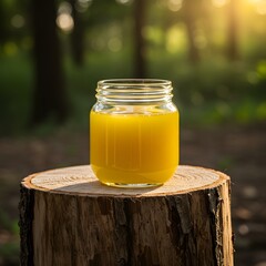 Glass Jar of Natural Ghee on Tree Stump in Forest at Sunset, Rustic Outdoor Honey Photography