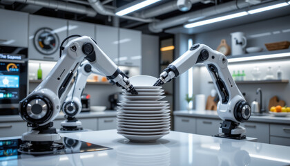 Fototapeta premium AI powered smart kitchen with robotic arms stacking plates, showcasing modern technology and efficiency