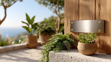 Wooden door with plants and sea view background