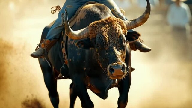 Rodeo bull. Traditional extreme sport of North America. A cowboy tries to stay on the back of a bull. Mexico, USA