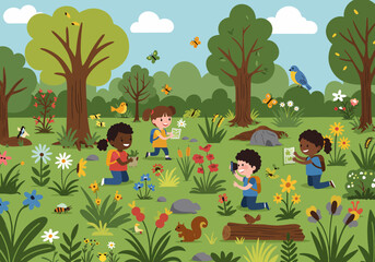 Children Exploring Nature Discovering Wildlife and Plants in Summer