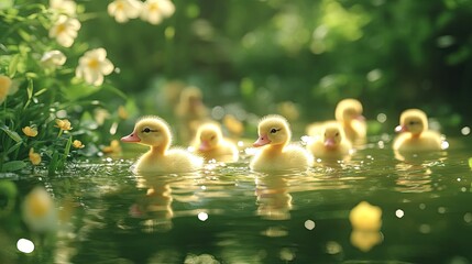 A charming flock of ducklings serenely gliding through a tranquil pond bathed in the gentle warmth of a sunny day with