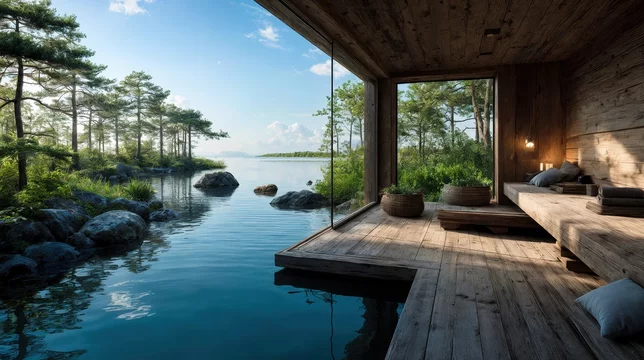 Minimalist Wooden Sauna Interior Overlooking Calm Water