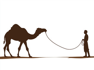 Dark silhouette of a man leading a camel by a rope on a white background.
