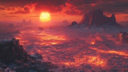 Fiery sunset over molten lava landscape