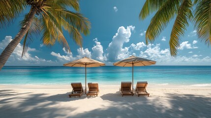 Fototapeta premium Tropical Beach Chairs and Umbrella with Palm Trees by Turquoise Sea