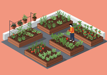 Man Watering Plants in Rooftop Urban Garden Concept