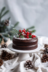 Chocolate cake with berries and pine on stand. Christmas dessert concept