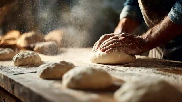 Floured male hands working on a loaf while rows of dough rest on wooden table with sunbeam illuminating particles in air.