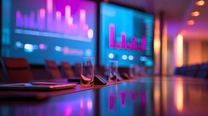 A projection screen in a boardroom showing revenue insights