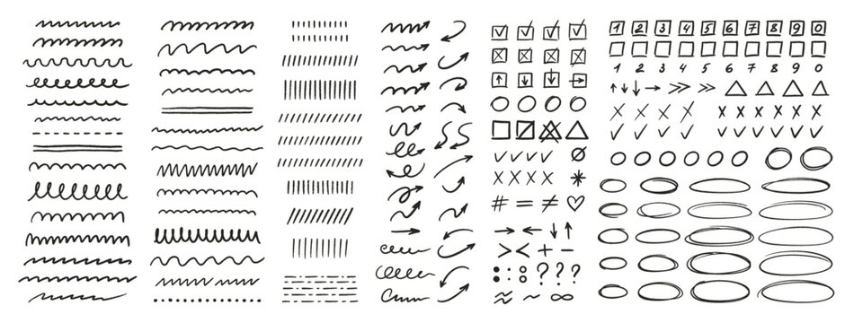 Crayon marks set, pencil drawings. Doodle chalk punctuation, symbols, underlines, strike through, arrows, check marks, dots and ellipses. Hand drawn line symbols. Vector illustration on white bg