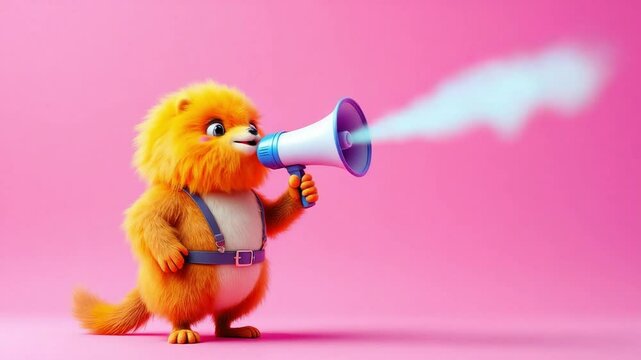 Fluffy orange character with suspenders and belt holds megaphone on pink background