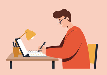 Man Working from Home Writing in Notebook Cartoon