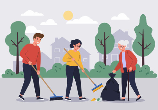 Neighborhood Cleanup Volunteers Team Helping Clean Street and Park