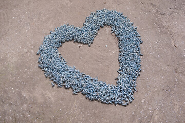 Creative layout with screw, heart  on the gray concrete floor background. Top view, flat lay.