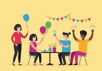 Diverse Group Celebrates with Balloons and Confetti Party