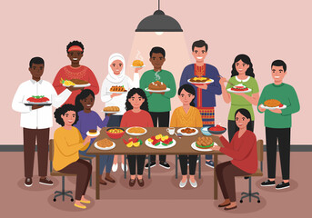 Diverse Group Enjoying Multicultural Food at a Dinner Party