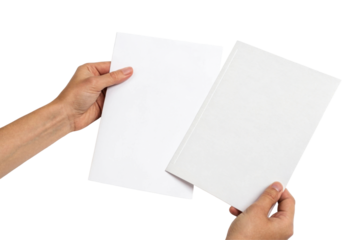 Hands Holding Blank White A4 Paper and Notebook with Transparent Background Ready for Design