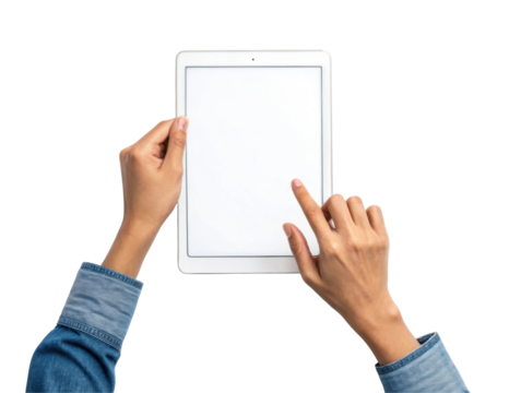 Hands Holding A Blank Tablet Device Ready For User Interaction In A Modern Workspace