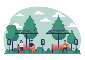 People Relaxing in Park with Solar Charging Stations